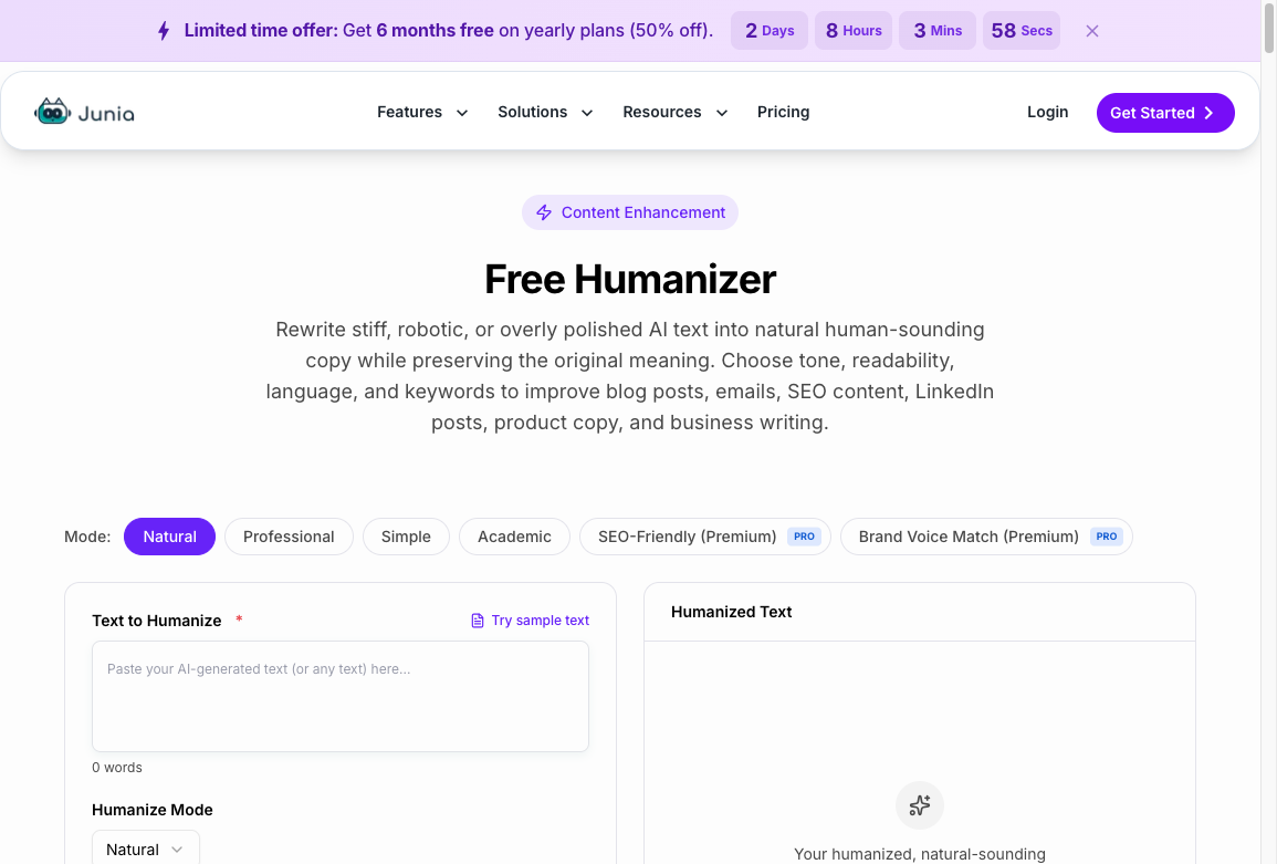 Junia AI Humanizer with Natural, Professional, Simple, and Academic rewrite modes