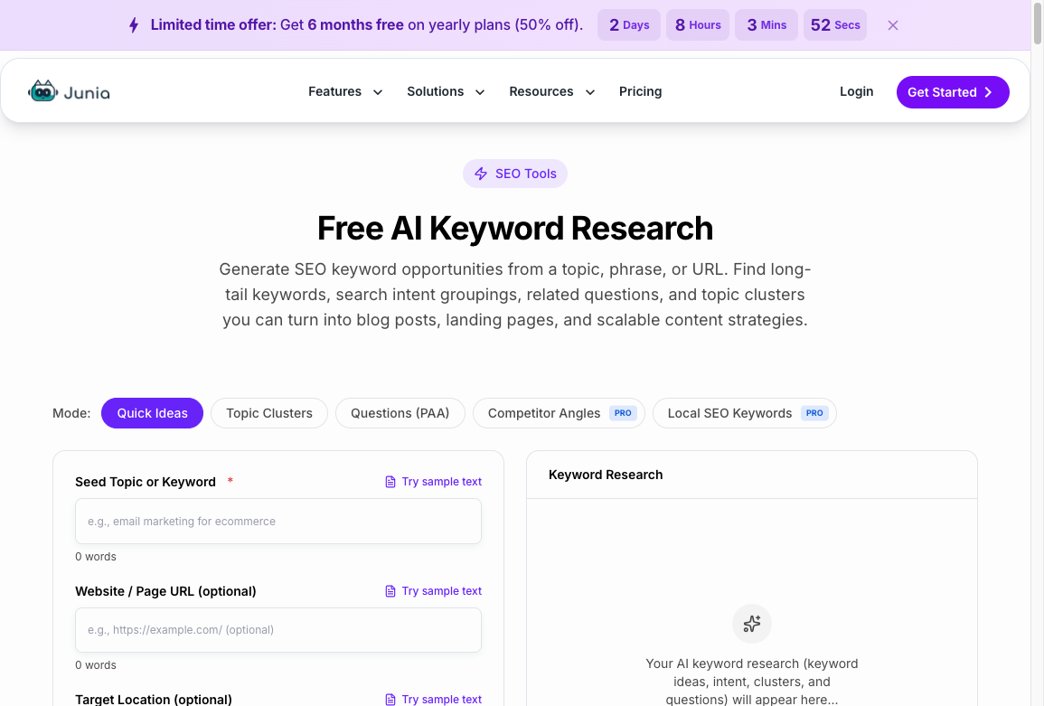 Junia AI keyword research tool with Topic Clusters mode for turning a seed topic into page roles