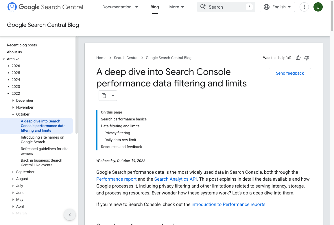 Google Search Central post on Search Console performance data filtering, privacy limits, and daily row caps