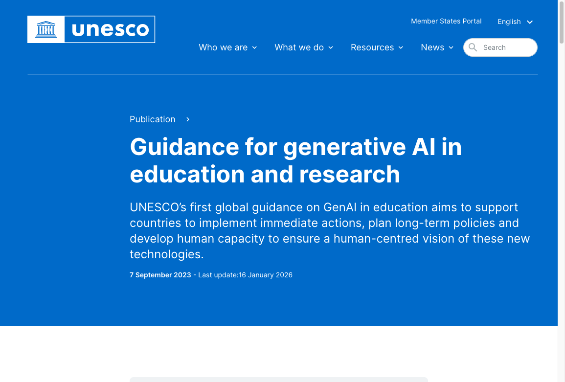 UNESCO guidance for generative AI in education and research, last updated January 2026