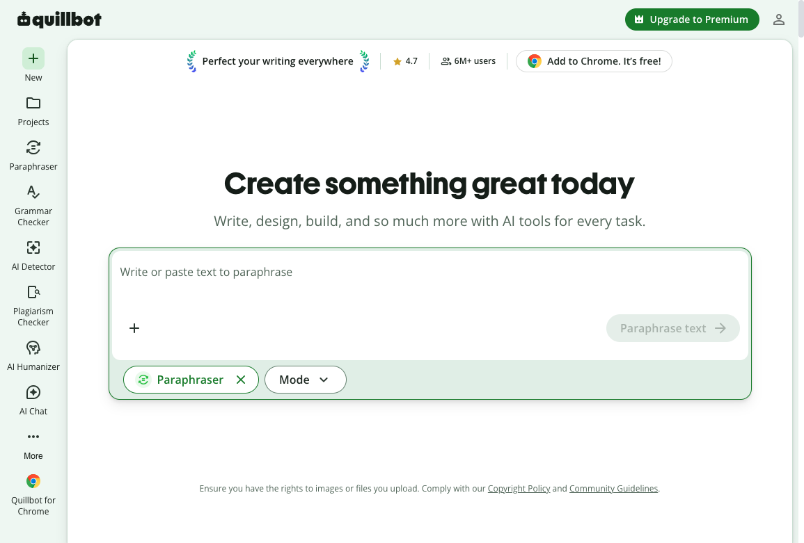 QuillBot paraphraser with a paste-to-paraphrase box, mode selector, and a sidebar of grammar, detector, and humanizer tools