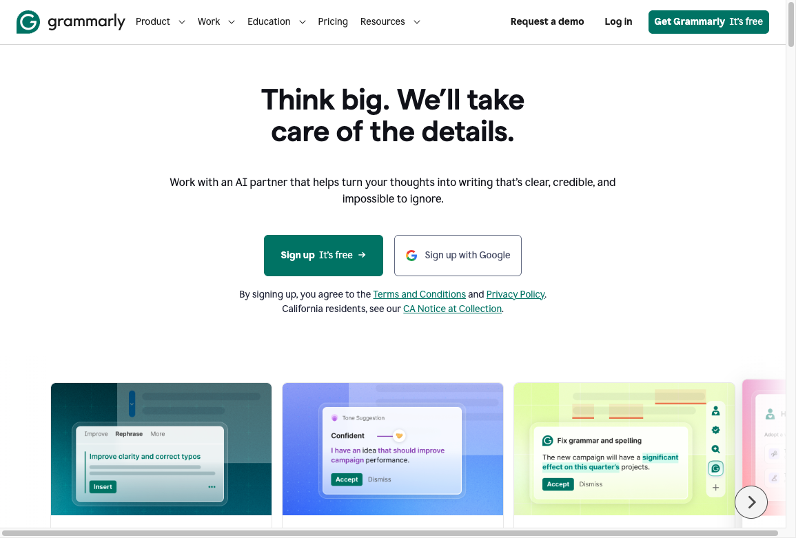 Grammarly homepage with writing-assistance signup and product cards for paragraph rewrites, tone suggestions, and proofreading