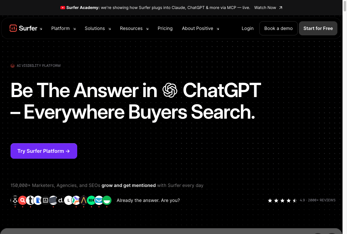 Surfer SEO homepage for its AI visibility platform, with a ChatGPT search positioning and a Try Surfer Platform call to action