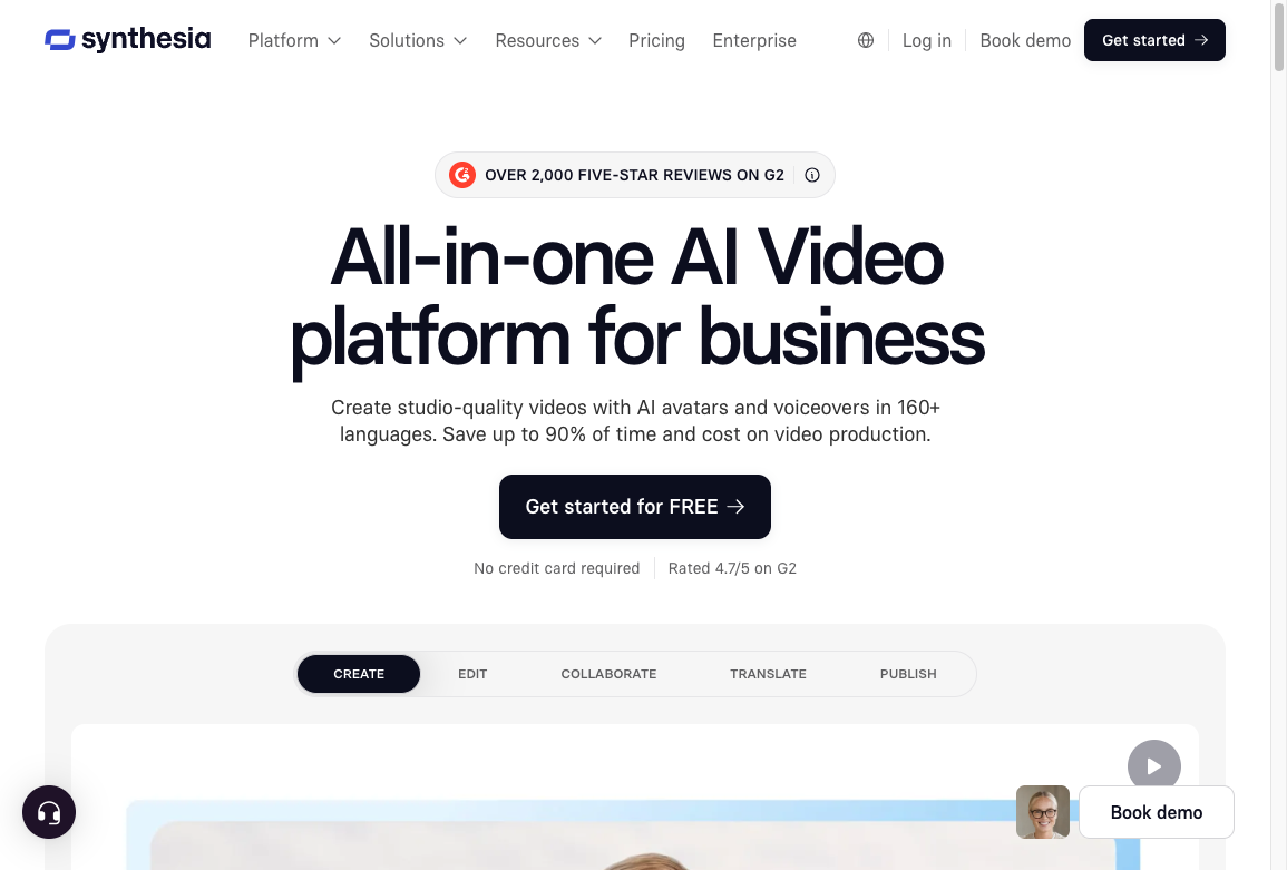 Synthesia homepage for an all-in-one AI video platform, with Create, Edit, Collaborate, Translate, and Publish workflow tabs
