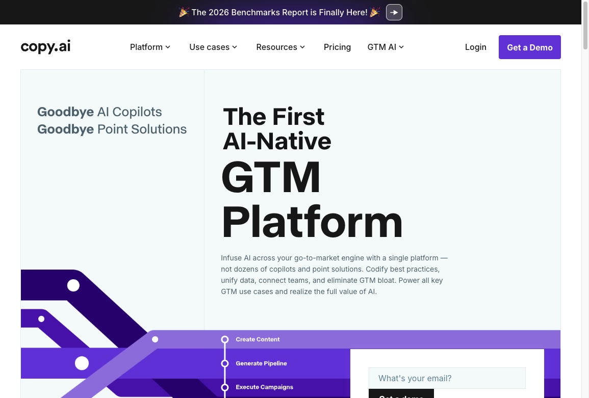Copy.ai homepage positioning the product as an AI-native go-to-market platform with Create Content, Generate Pipeline, and Execute Campaigns