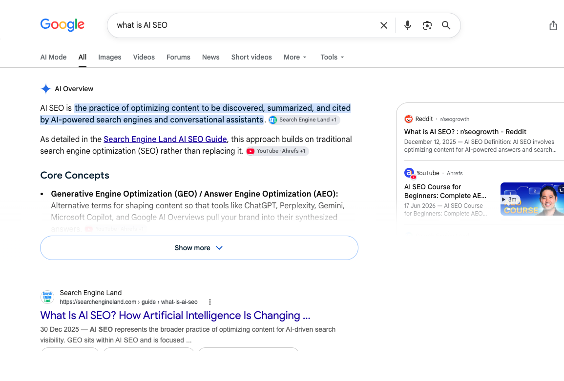 Google AI Overview for "what is AI SEO," showing a synthesized definition with citations above the regular results