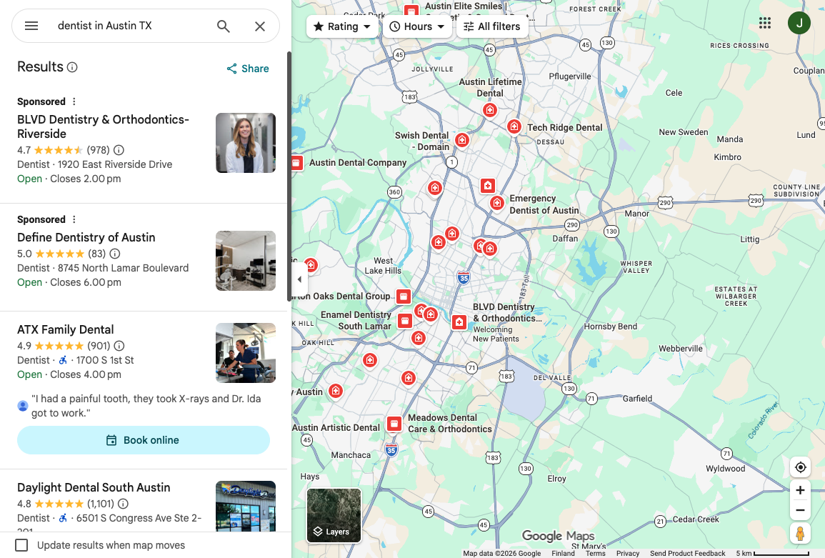 Google Maps results for dentists in Austin, with listings, ratings, hours, and map pins competing in the local pack
