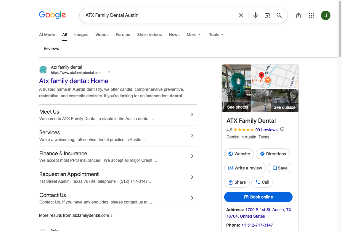 Google Business Profile panel for an Austin dental practice, with photos, reviews, address, phone, and a Book online button