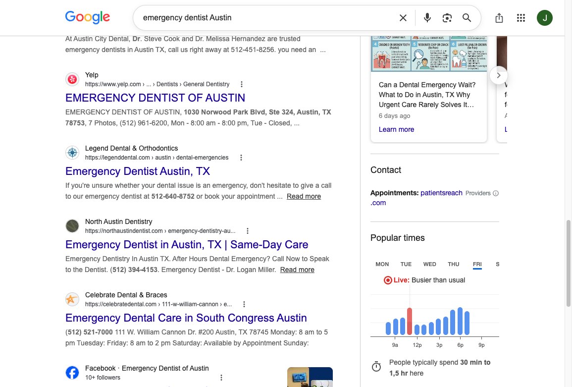 Google results for "emergency dentist Austin," where treatment pages from local practices compete for the same service query