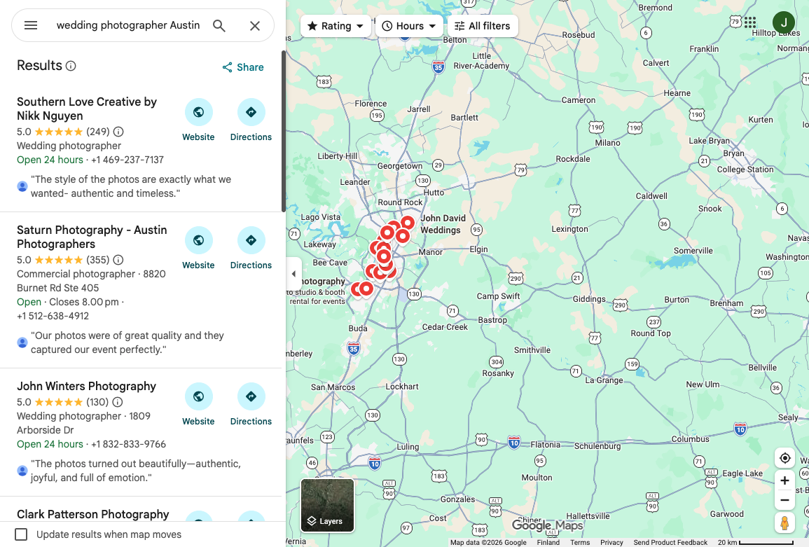 Google Maps listings for wedding photographers in Austin, with ratings, hours, websites, and review snippets in the local pack