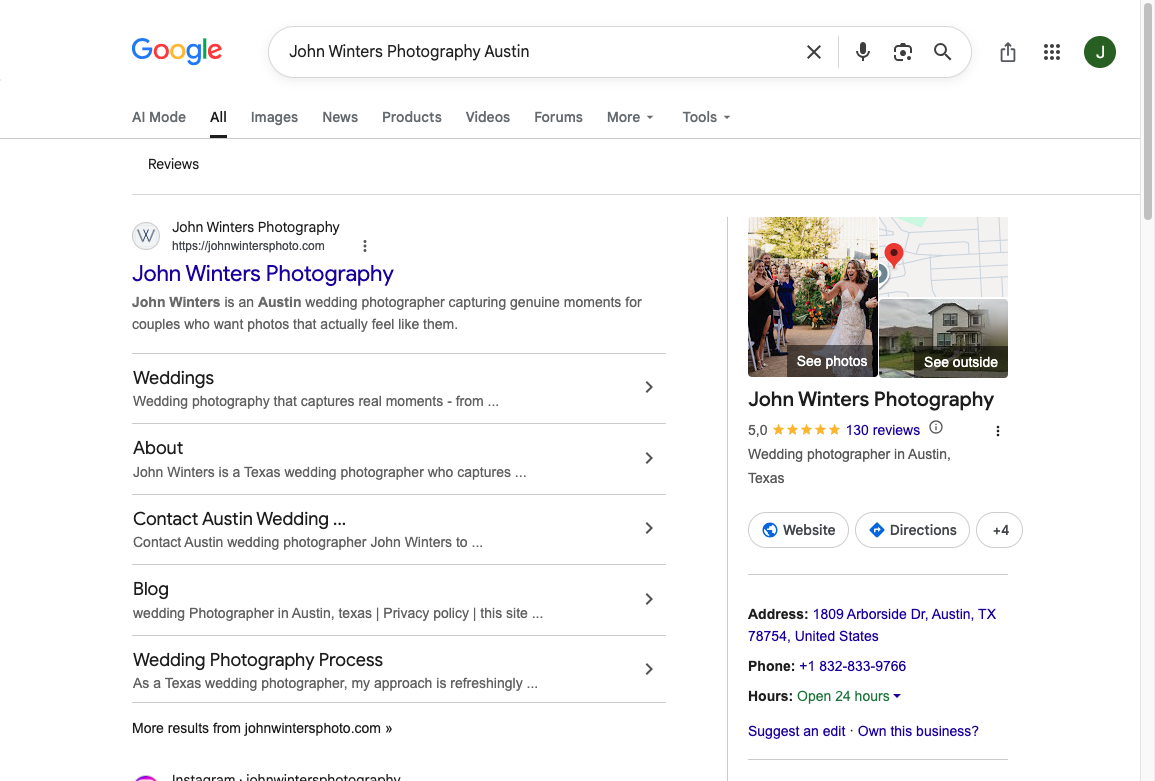Google Business Profile panel for an Austin wedding photographer, with photos, reviews, address, phone, and hours