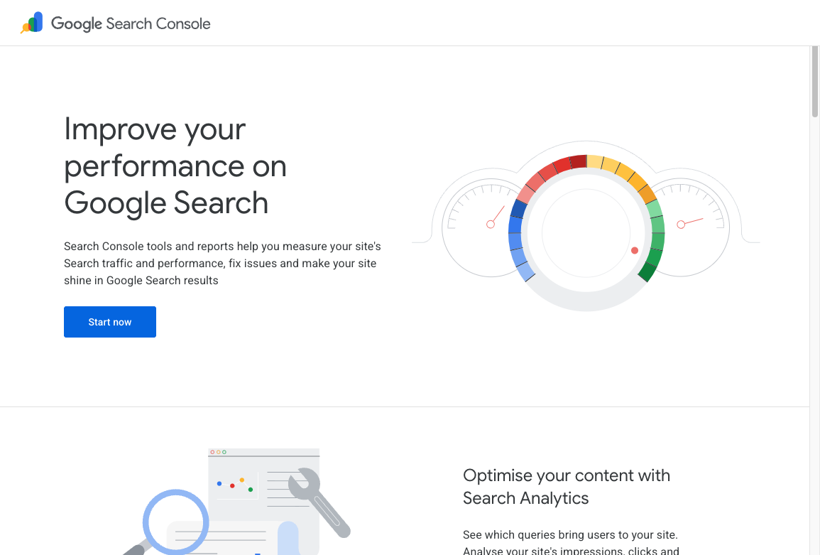 Google Search Console about page explaining performance reports for search traffic