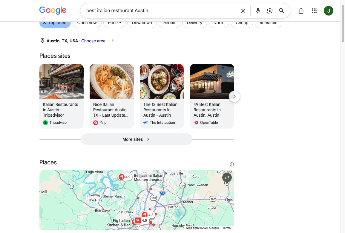 Google Places map for Italian restaurants in Austin, with pins, ratings, and local pack results