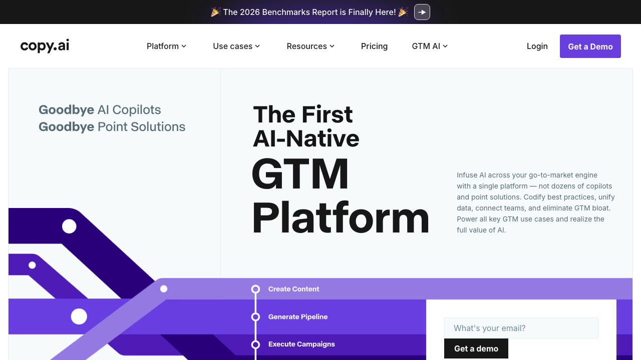 Copy.ai homepage showing its AI-native GTM platform for creating and generating content