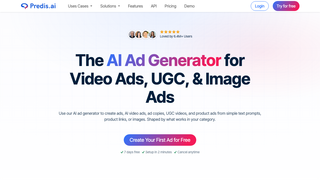 Predis.ai homepage for AI ads, carousels, UGC videos, and image posts from prompts