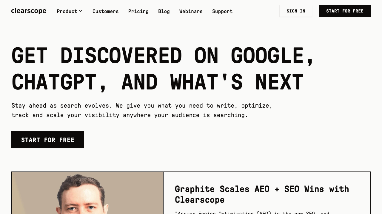 Clearscope homepage for topical coverage, content optimization, and search visibility