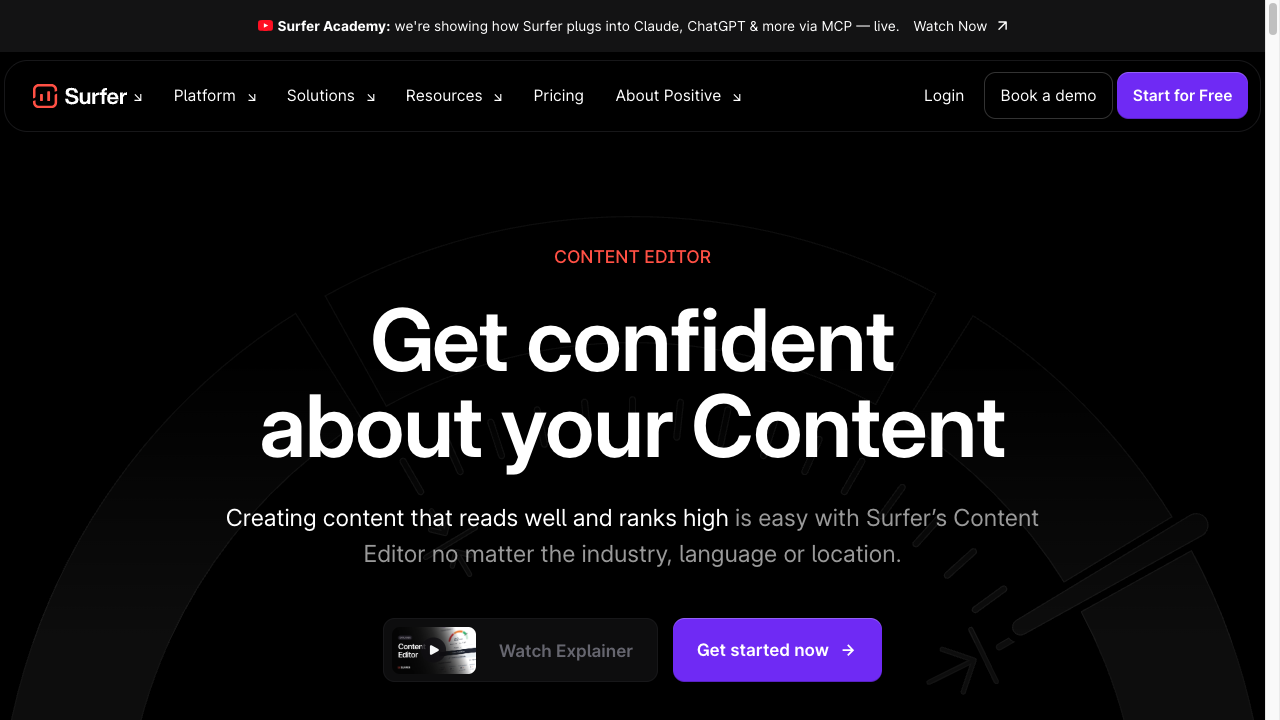 Surfer Content Editor page for SERP-based briefs, term coverage, and optimization scores