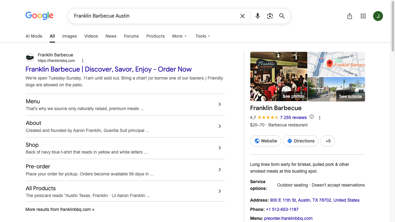 Google Business Profile panel for Franklin Barbecue in Austin, with photos, reviews, hours, address, phone, and menu link