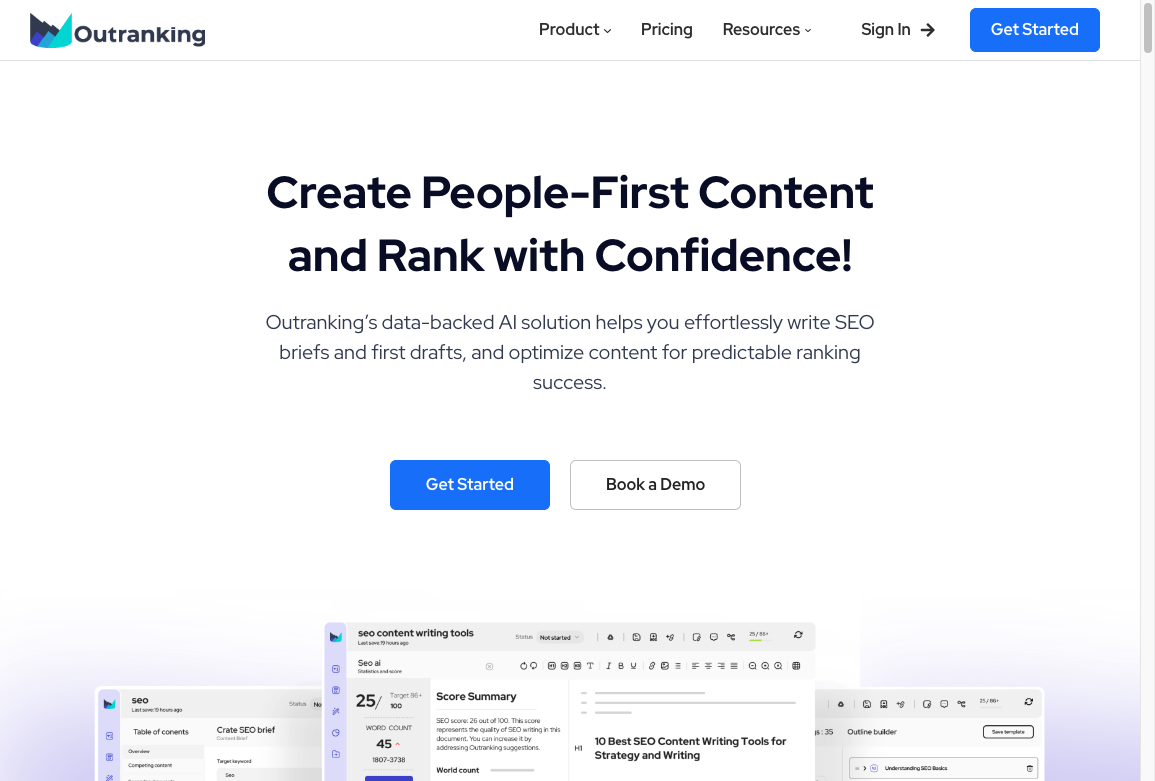 Outranking homepage showing people-first SEO briefs, drafts, and optimization workflow