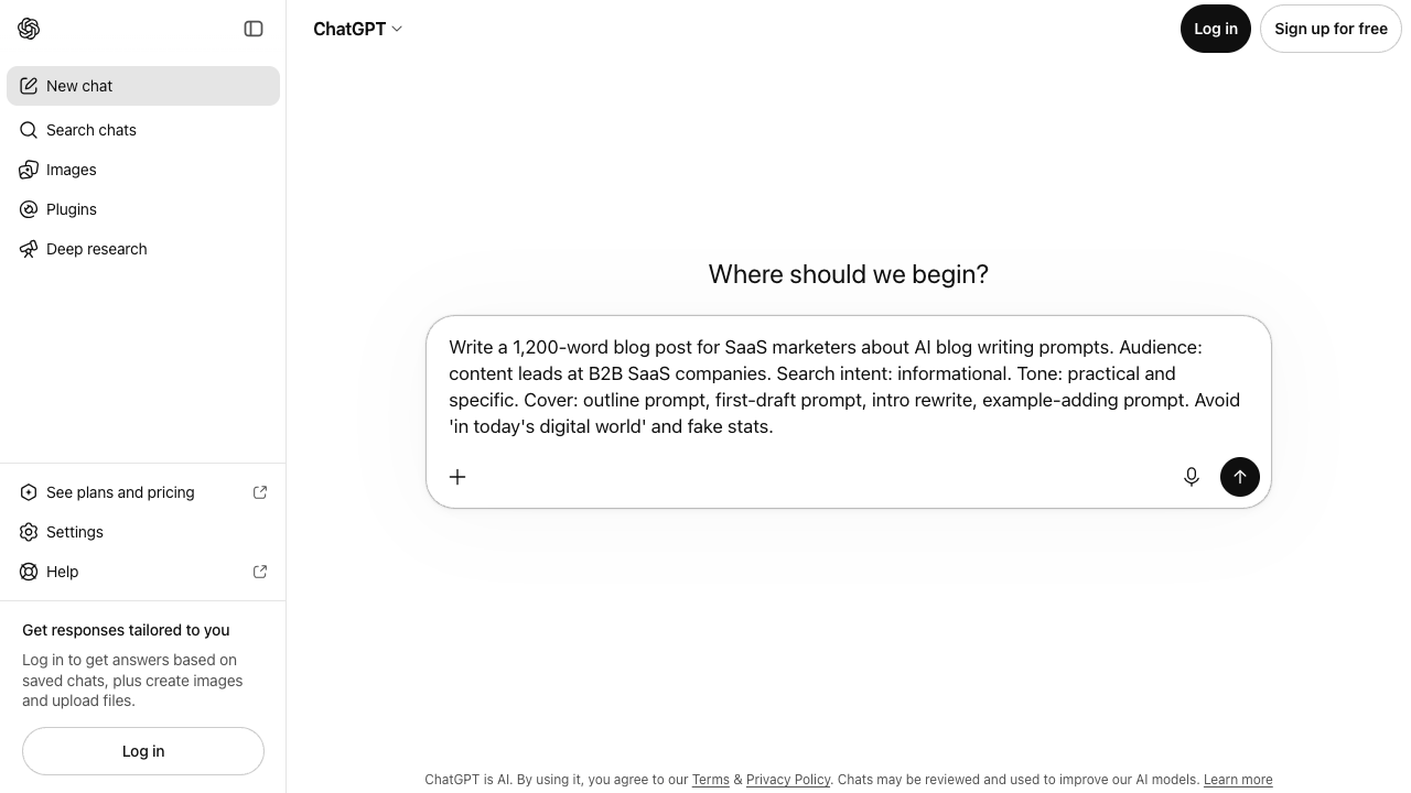 ChatGPT prompt box with a specific blog-writing prompt that names audience, search intent, tone, and phrases to avoid