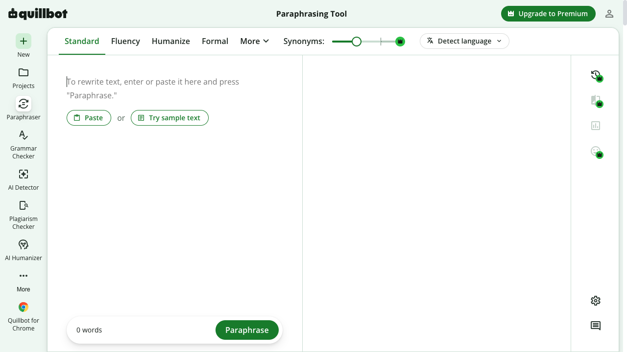 QuillBot paraphrasing tool with Standard, Fluency, and Humanize modes and a paste-to-paraphrase editor