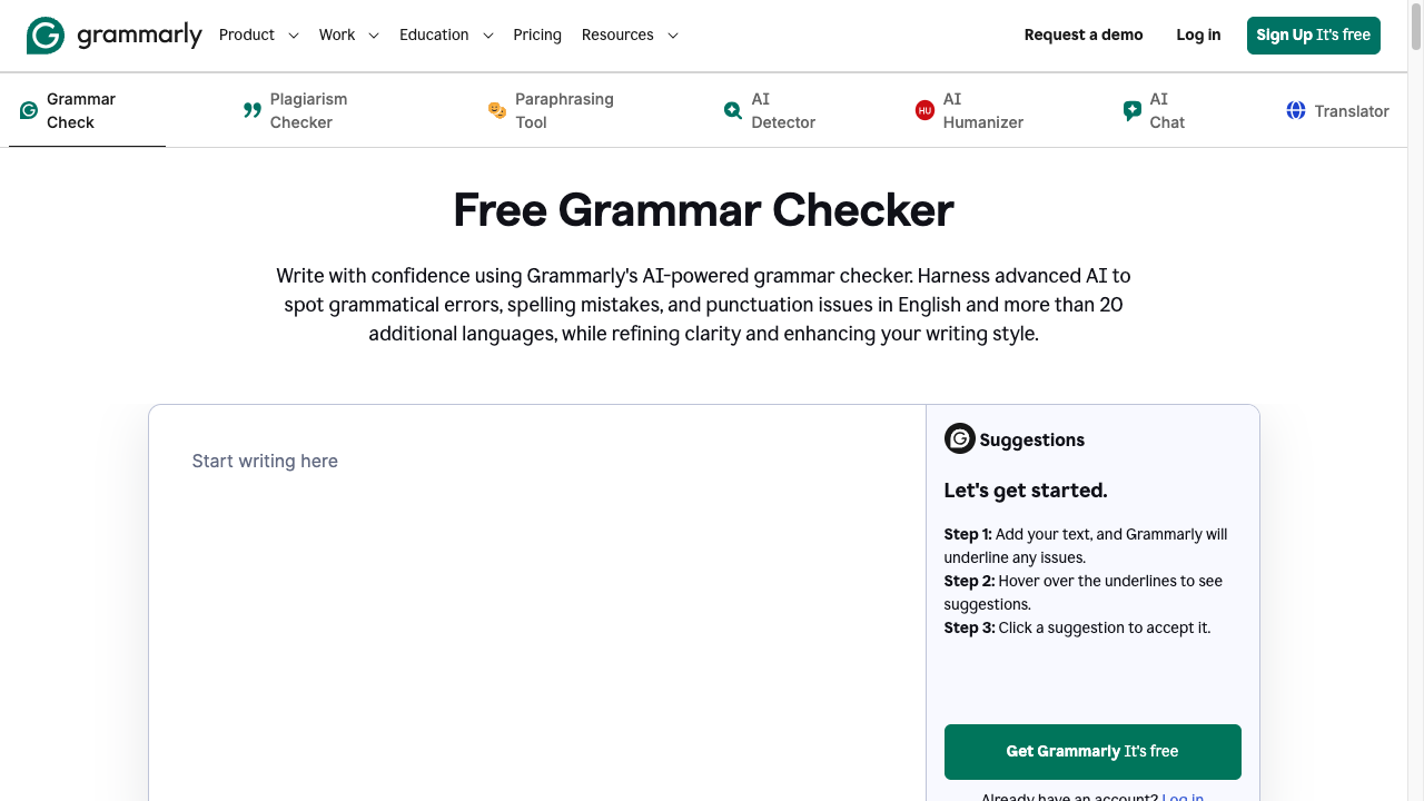 Grammarly grammar checker with a blank draft pane and a Suggestions sidebar for underlines and corrections