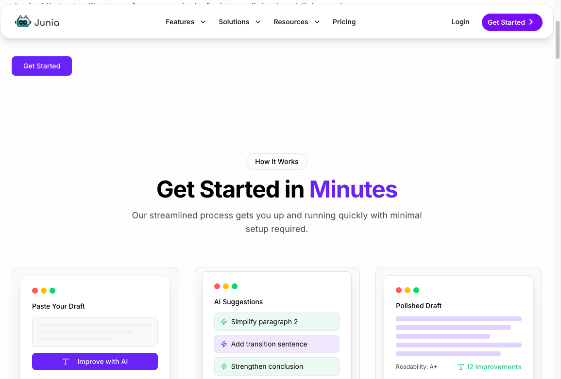 Junia AI text editor workflow with paste-your-draft, suggestion cards, and a polished output panel