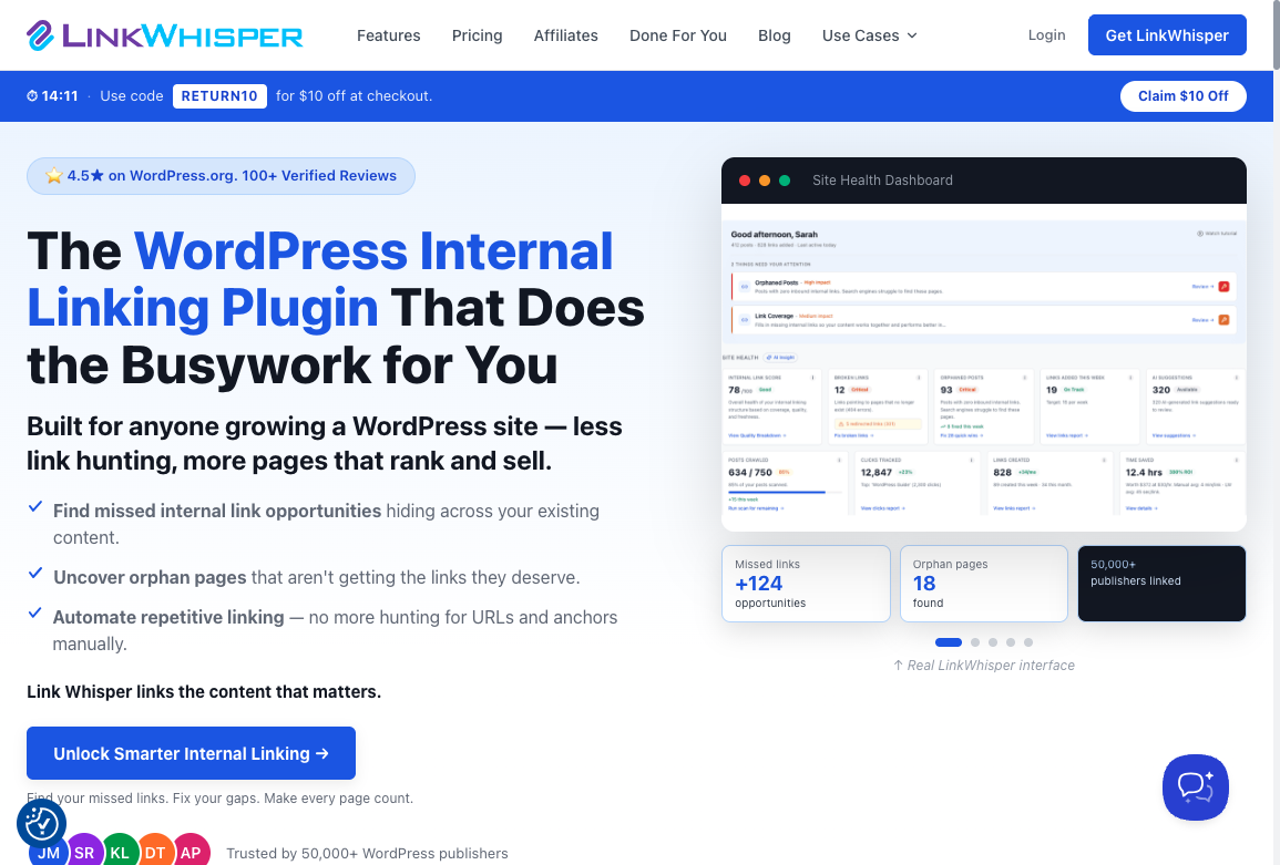 Link Whisper homepage showing the WordPress internal linking plugin and site health dashboard