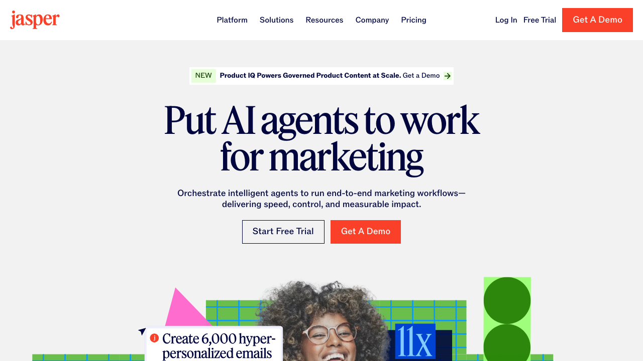 Jasper AI homepage for marketing drafts, brand voice, and campaign variations