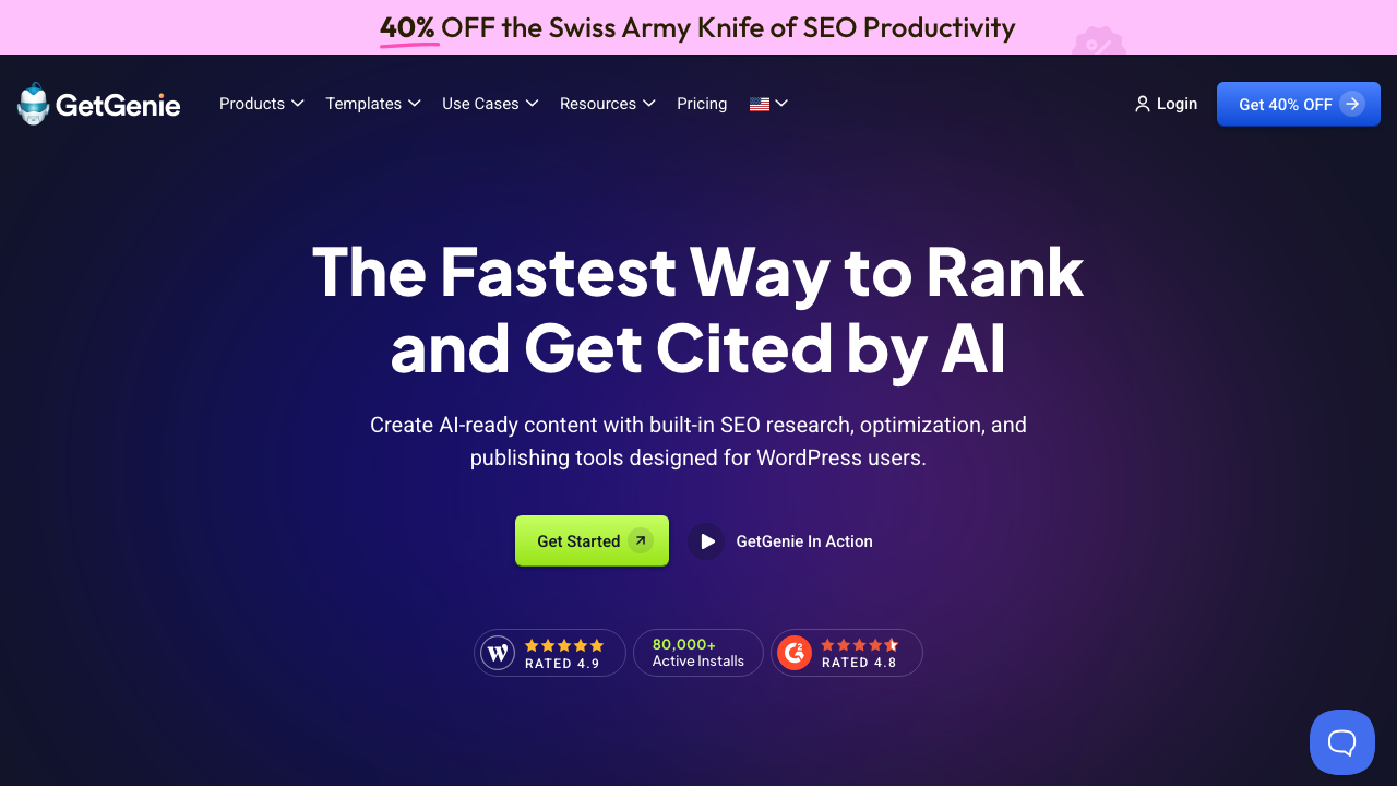GetGenie homepage for AI SEO content, ranking, and WordPress product-page publishing