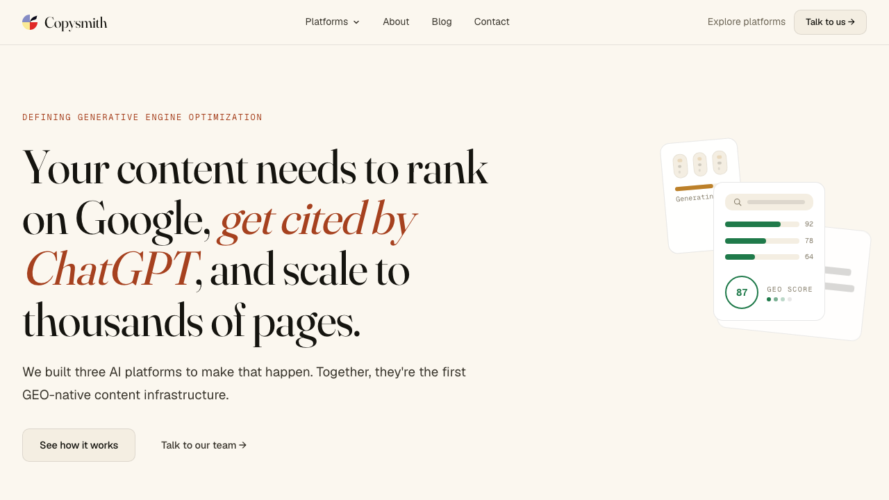 Copysmith homepage for generative engine optimization and scaled product-page content