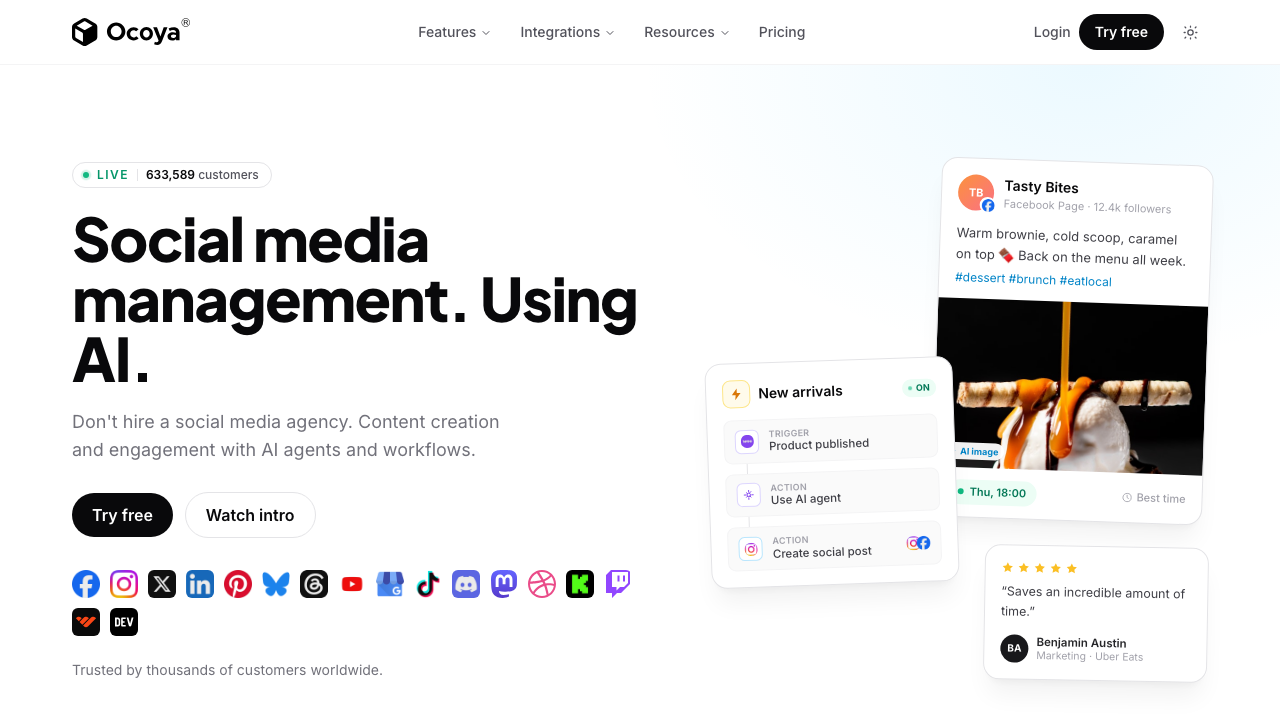 Ocoya homepage for AI social media management, captions, and automated posting workflows