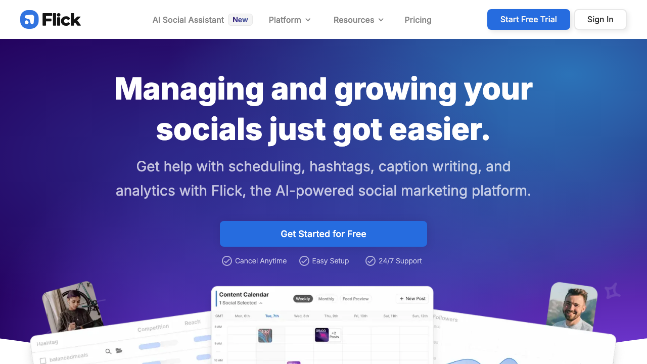 Flick homepage for AI captions, hashtags, scheduling, and Instagram content calendars