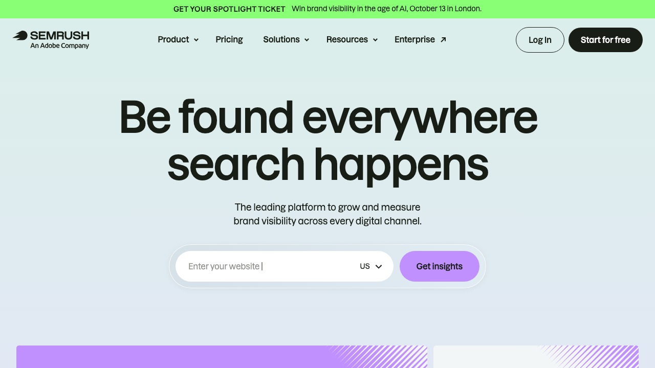 Semrush homepage for brand visibility, keyword research, and on-page writing assistance