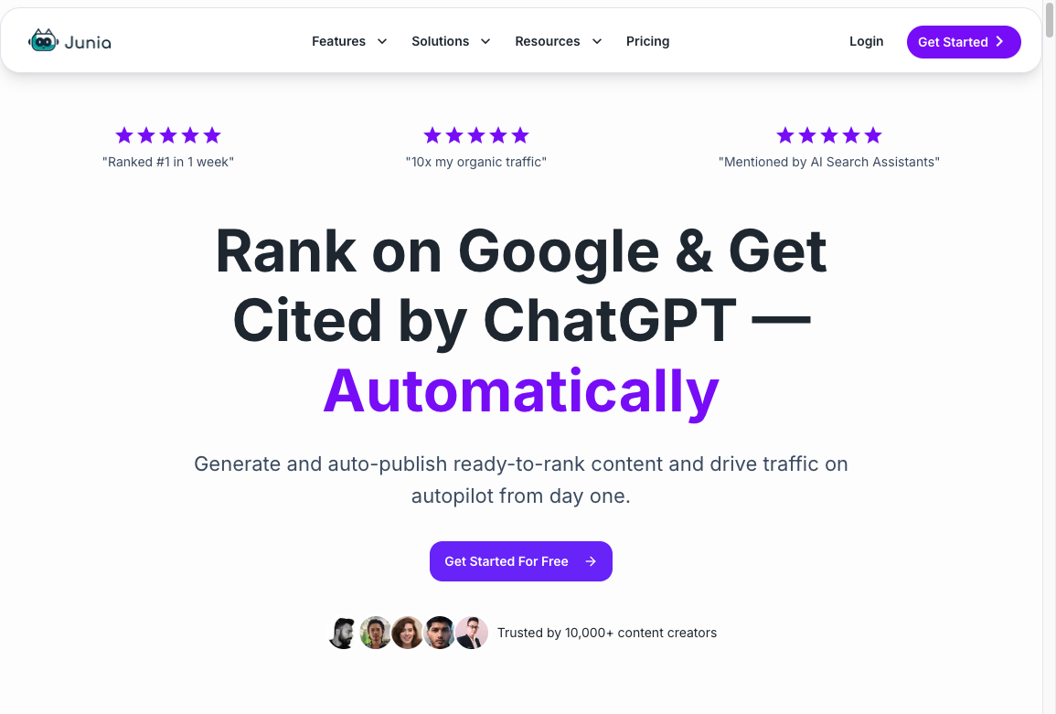 Junia AI homepage showing AI SEO content generation for Google and ChatGPT visibility