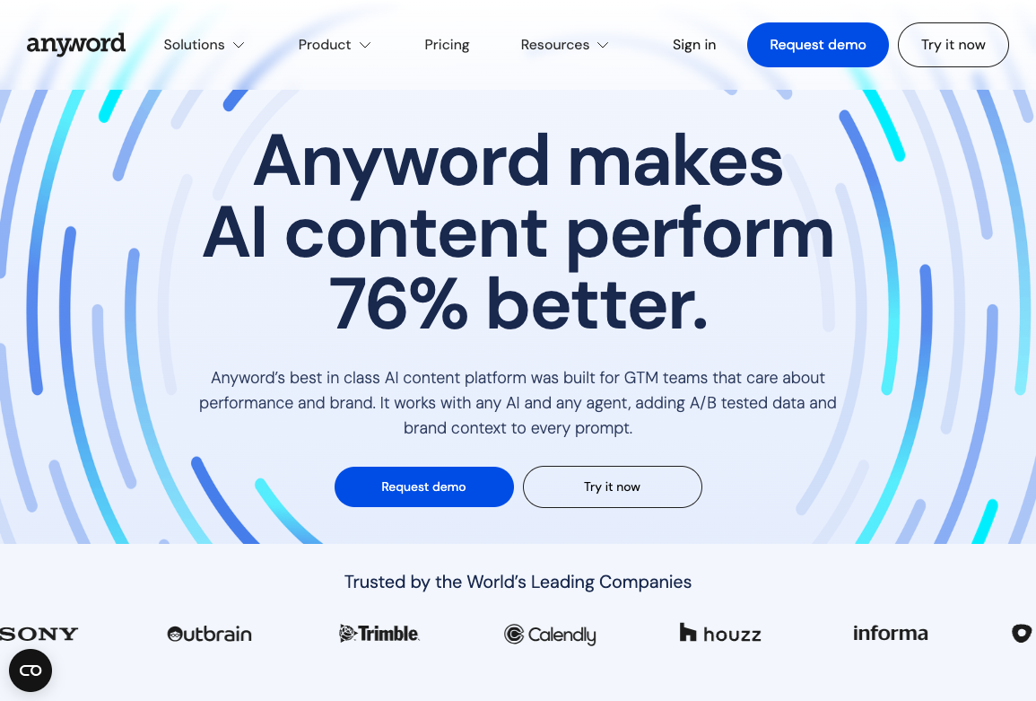 Anyword AI content platform homepage with performance-focused product copy messaging