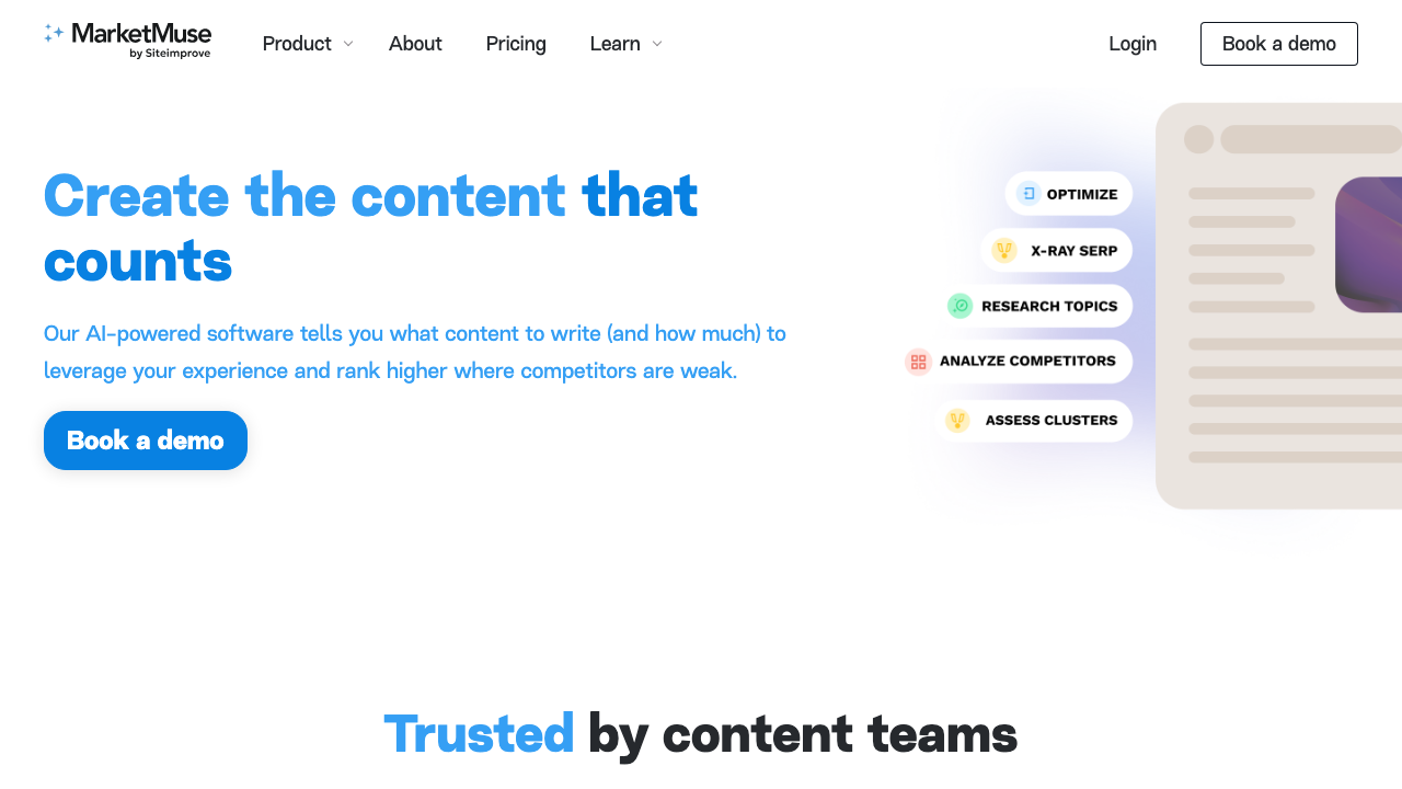 MarketMuse homepage for content planning, SERP research, and topic cluster gap analysis