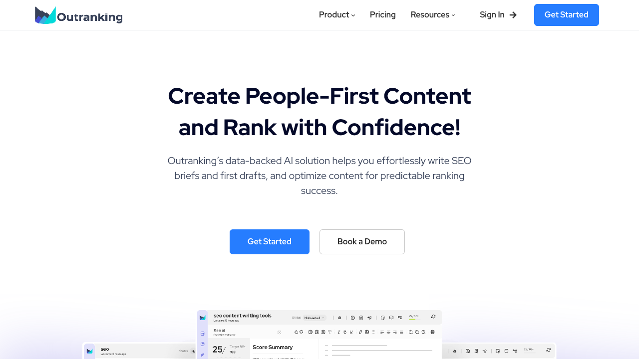 Outranking homepage for people-first SEO briefs, first drafts, and content optimization