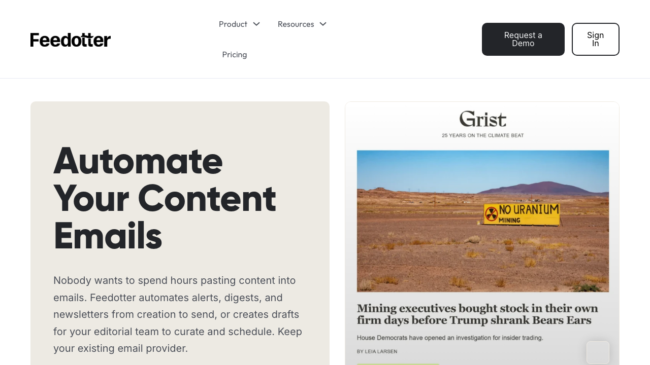 Feedotter homepage for automating content emails and RSS-based newsletter drafts