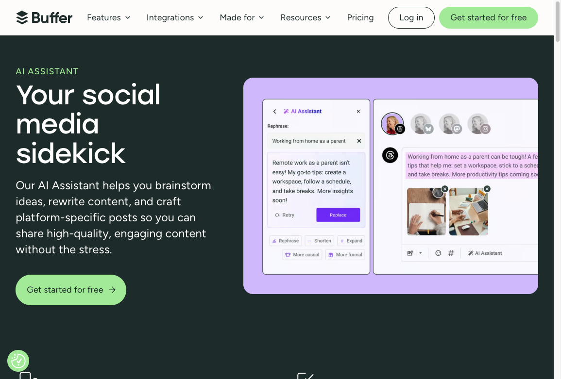 Buffer AI Assistant page for rewriting and adapting social posts across channels