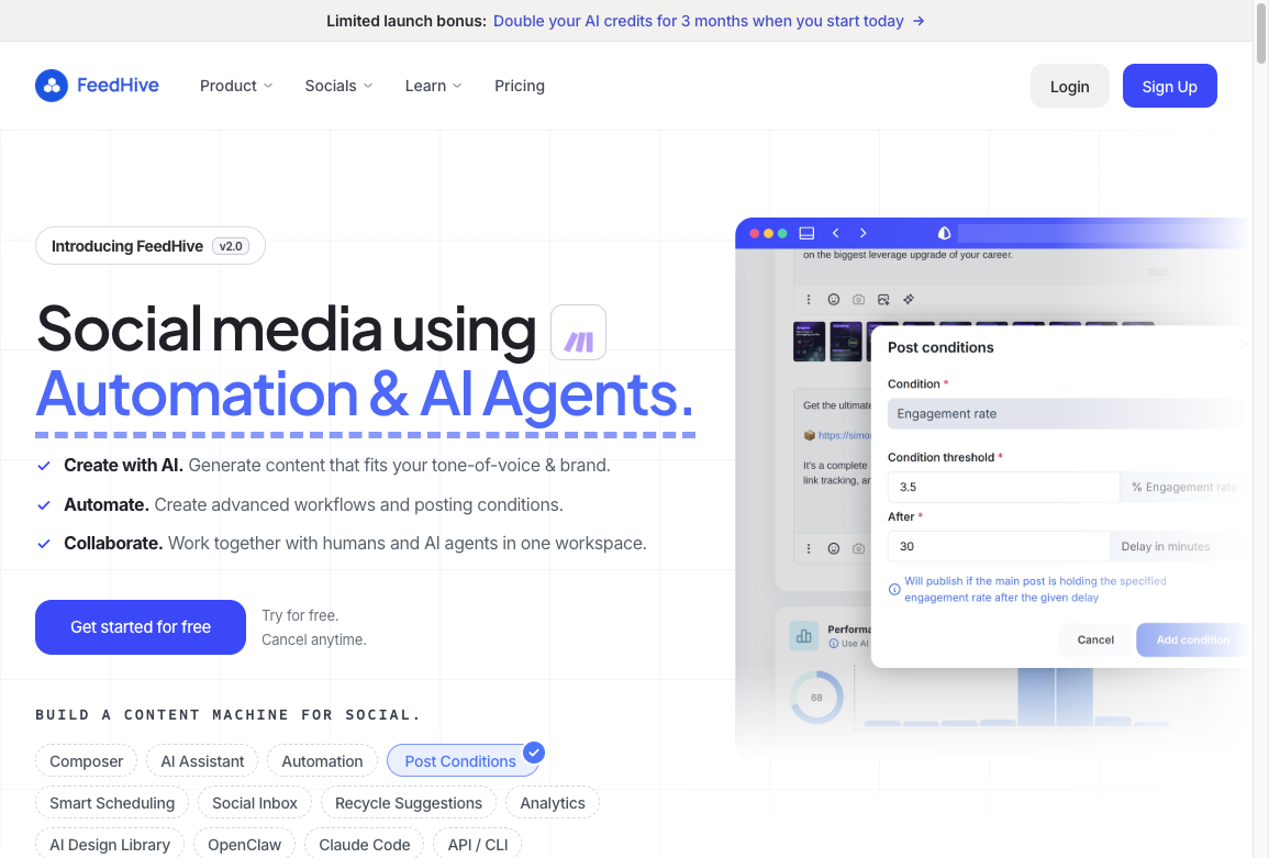 FeedHive homepage for AI social workflows, post conditions, and content recycling