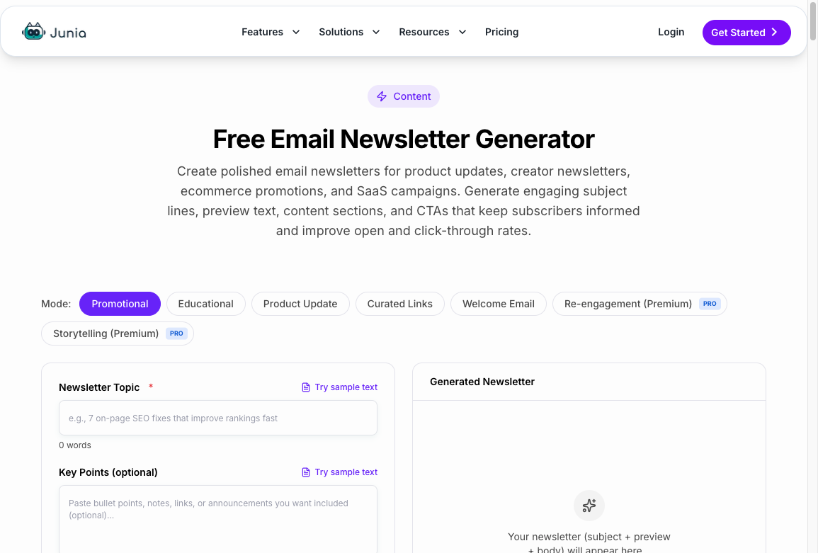 Junia AI newsletter generator with promotional, educational, and product-update modes