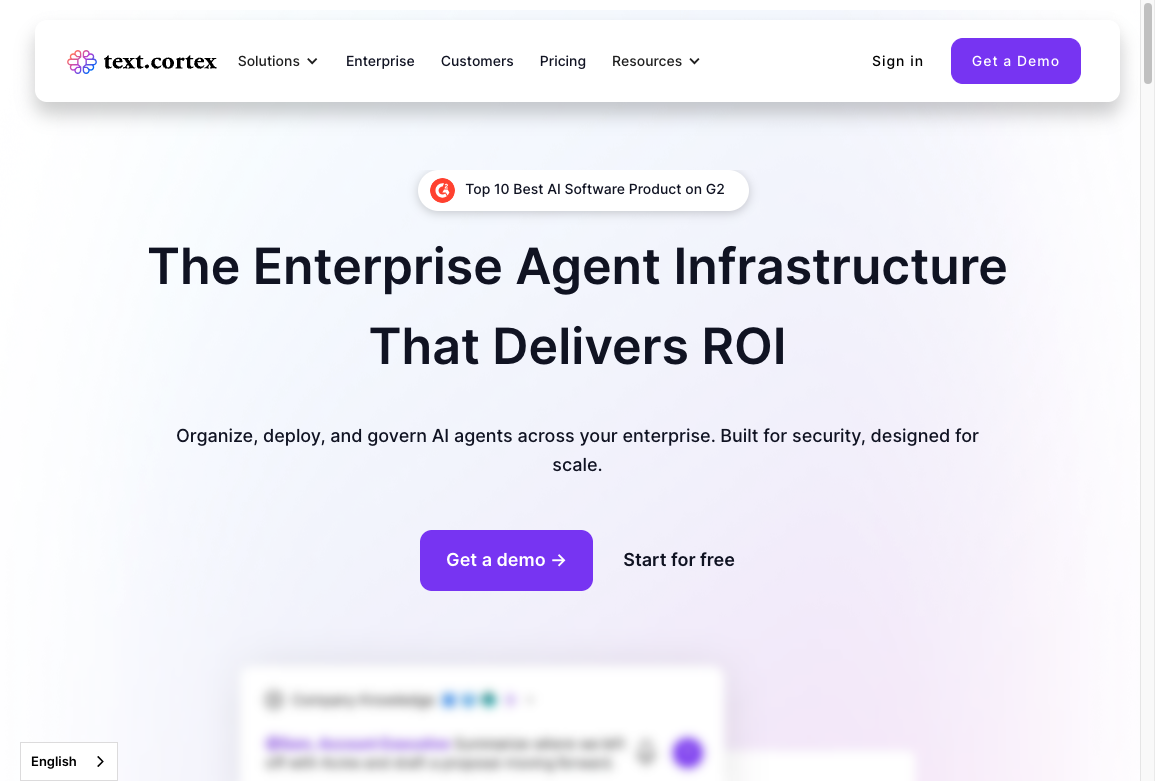 TextCortex homepage for enterprise AI agents used to generate and govern product copy