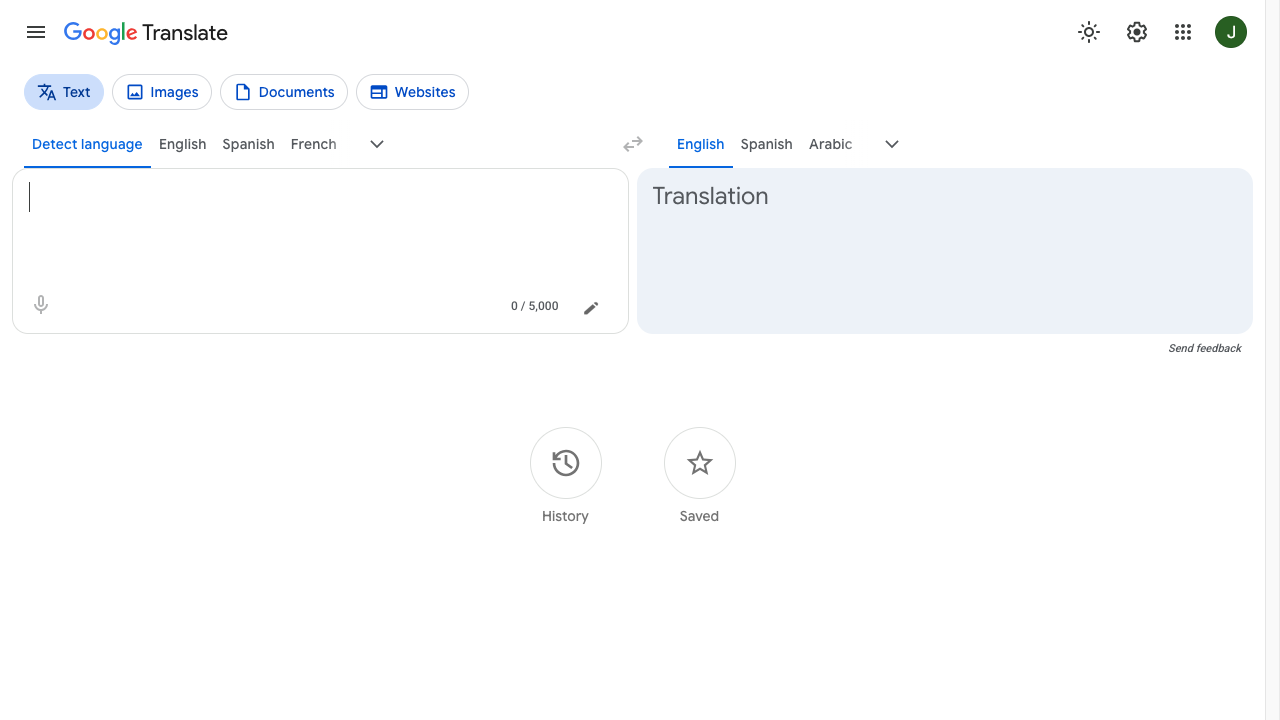 Google Translate web app with text, images, documents, and websites modes and side-by-side translation panels