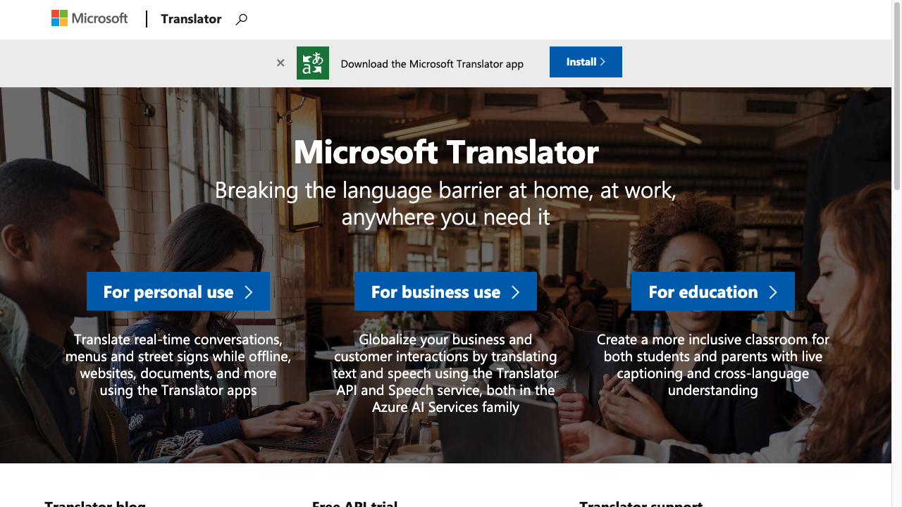 Microsoft Translator product page covering personal, business, and education translation plus Azure AI Services