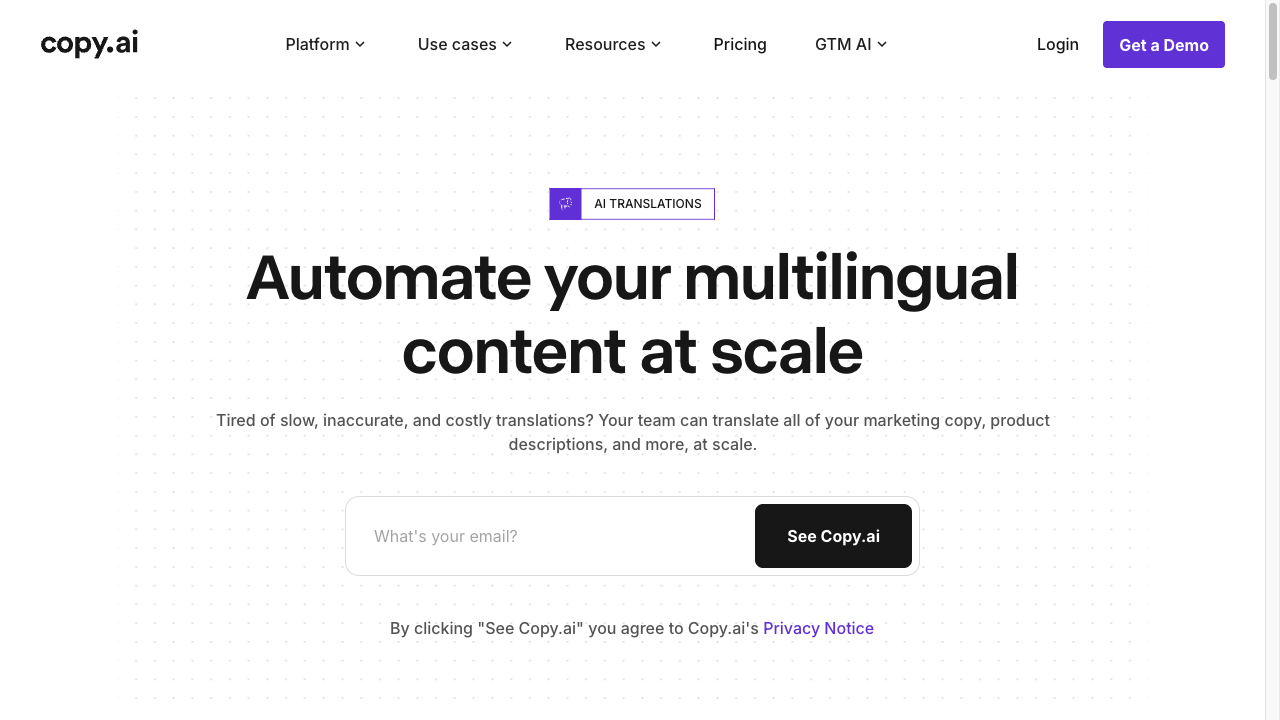 Copy.ai AI translations page positioned for multilingual marketing copy and product descriptions