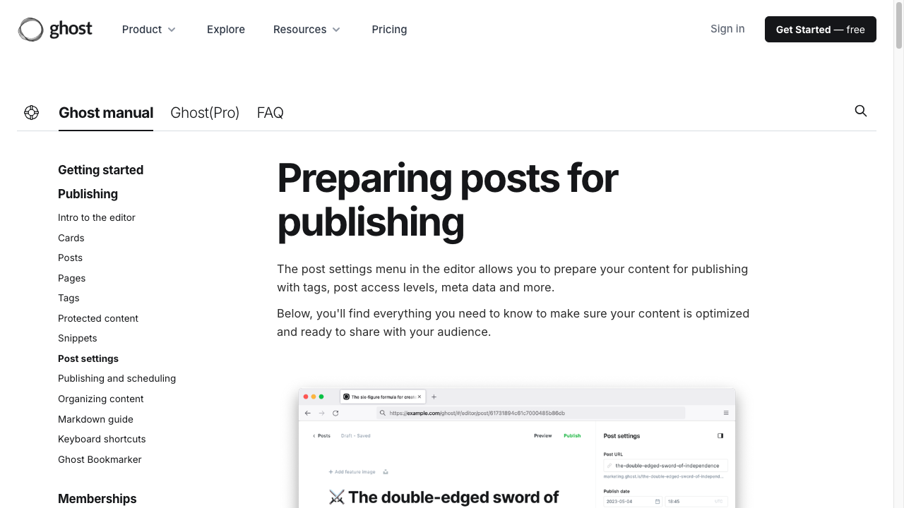 Ghost editor post settings for URL, tags, publish date, and metadata before publishing
