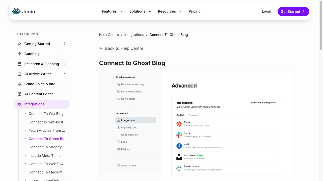 Junia Ghost connection docs showing Ghost Admin custom integrations, Admin API keys, and built-in apps
