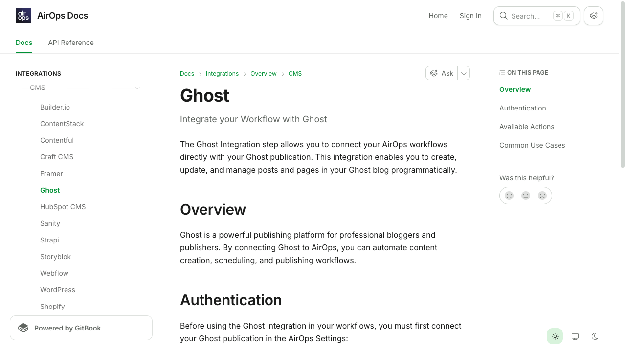 AirOps Ghost integration docs for creating, updating, and publishing posts through a workflow