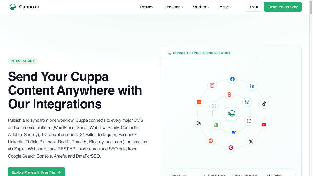 Cuppa integrations page listing Ghost among CMS destinations for generated articles